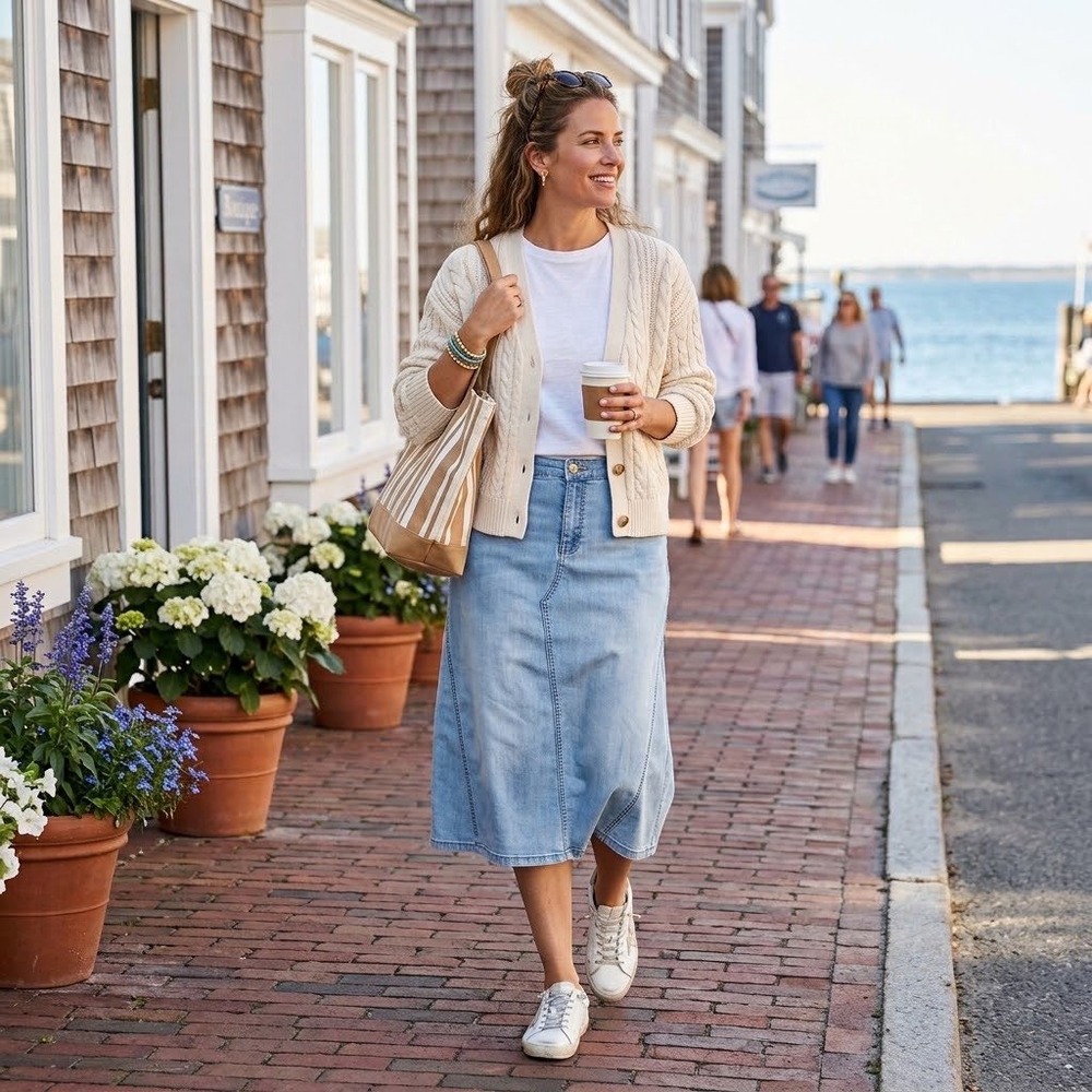 Christopher Banks Light Wash Denim Midi Skirt 16 Modest Coastal Grandma StretcH